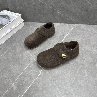 复古懒人乐福鞋 软底全包一脚蹬毛毛鞋 女2025秋冬款 毛呢加绒勃肯鞋