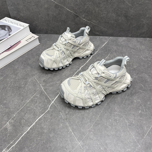 真皮做旧擦色蜘蛛绑带休闲运动鞋 新款 女2026年春季 真皮厚底老爹鞋