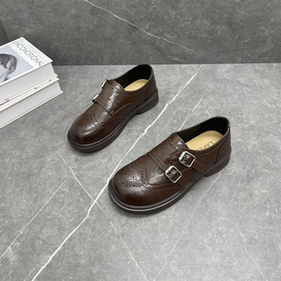 百搭圆头雕花布洛克复古休闲乐福鞋 英伦风厚底小皮鞋 女2026春新款