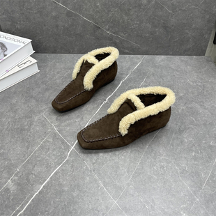 复古加绒棉鞋 羊羔毛平底毛毛鞋 女2025秋冬新款 牛皮方头套脚乐福鞋