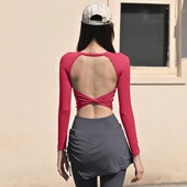 性感露背扭结长袖 显瘦瑜伽服跑步运动上衣清仓 健身服女带胸垫修身