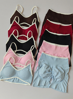 欧美拼色瑜伽套装女带胸垫紧身速干外穿跑步运动健身瑜伽高腰短裤