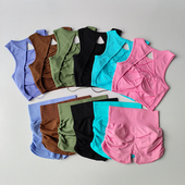 美背螺纹抽皱瑜伽短裤 女 女提臀透气固定杯运动背心训练健身套装