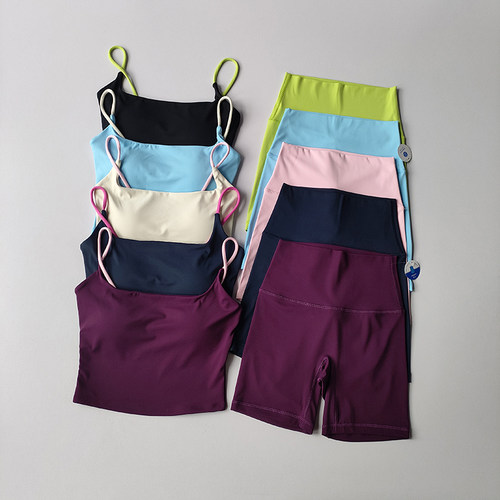 夏瑜伽套装撞色吊带运动五分裤女