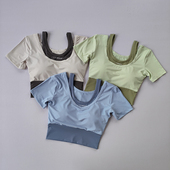 清仓换季 瑜伽服 健身上衣速干短款 带胸垫假两件运动短袖 女夏季