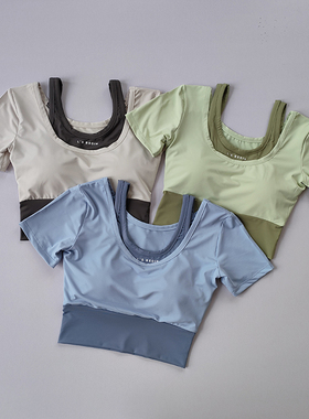 清仓换季带胸垫假两件运动短袖女夏季健身上衣速干短款瑜伽服