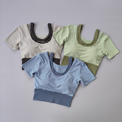 短袖女假两件字母短款瑜伽服