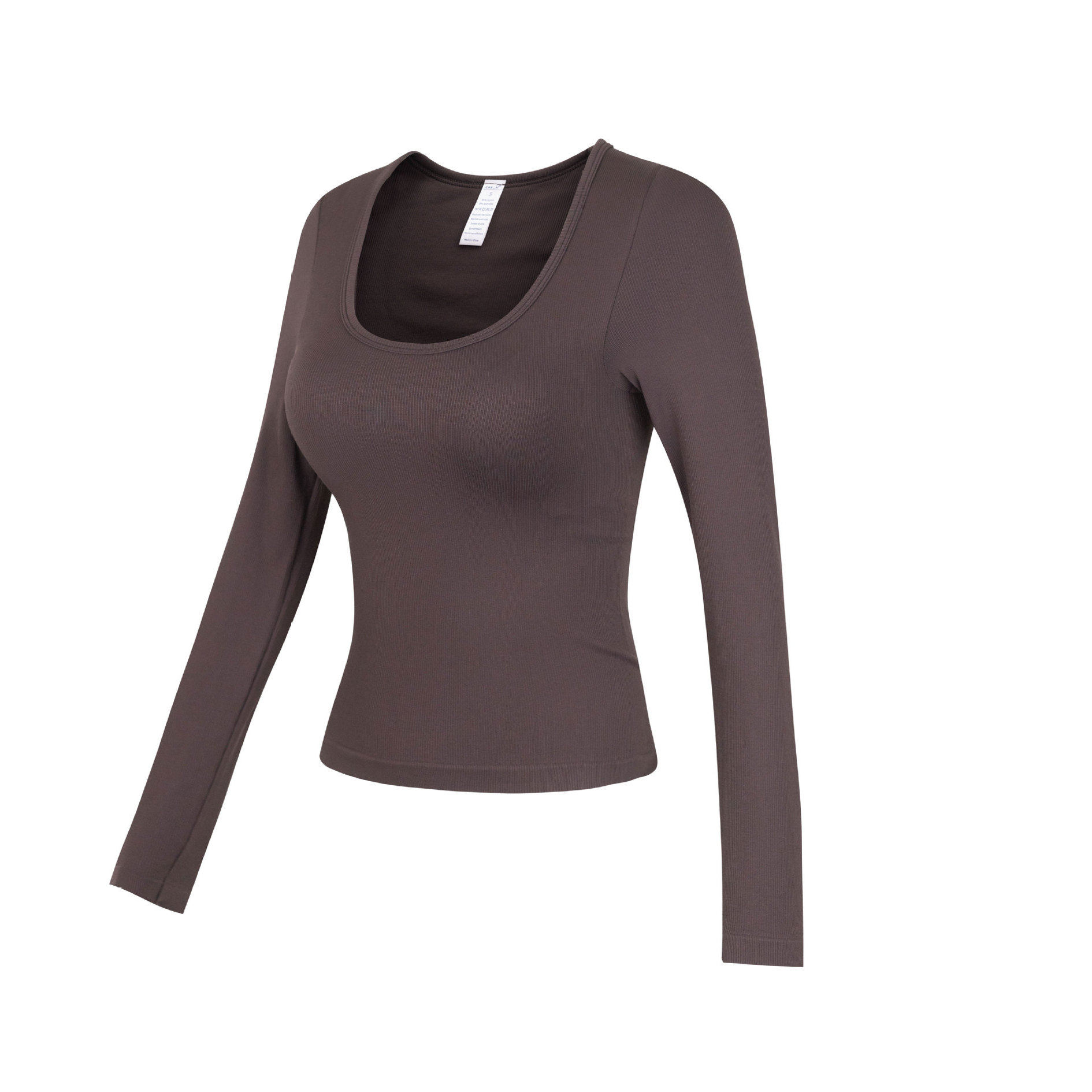 一体式胸垫U型显瘦瑜伽服高弹螺纹运动上衣女速干训练普拉提长袖