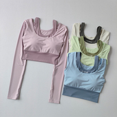 清仓带胸垫假两件瑜伽服长袖 显瘦速干健身服弹力运动上衣女 短款
