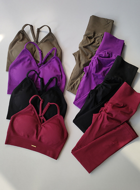 欧美无缝提臀健身套装女V领文胸瑜伽套装速干运动撸铁高腰紧身裤