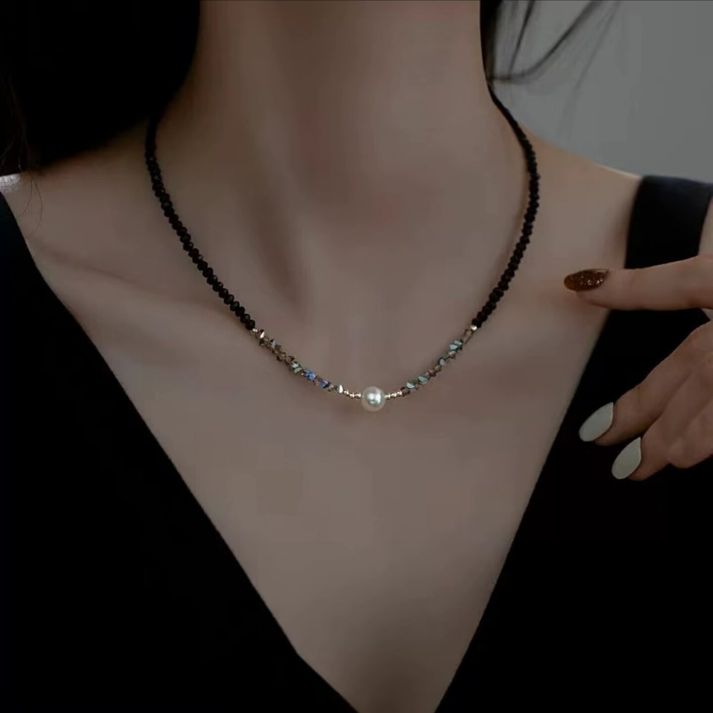 夏季黑色仿水晶手工串珠项链女