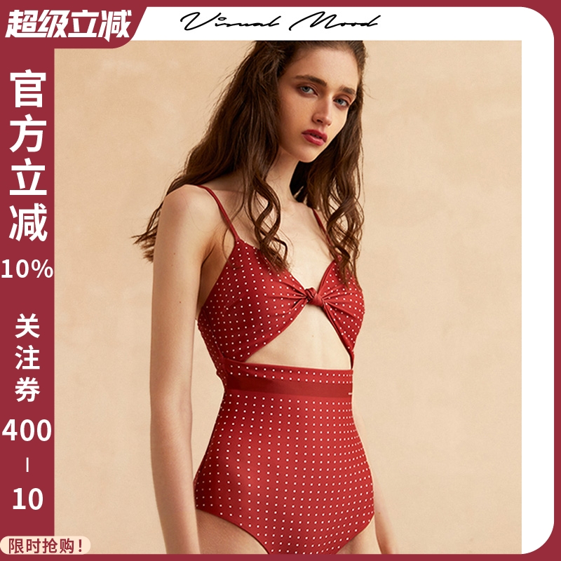 visualmood复古红波点连体泳衣女