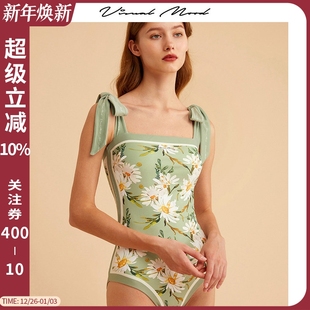 高端复古双面印花连体泡温泉泳装 visual mood泳衣女遮肚显瘦新款