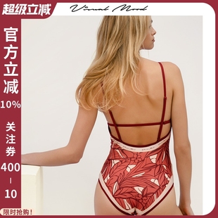 雙面印花復古紅V領性感海邊度假泳裝 mood連體溫泉泳衣新款 visual