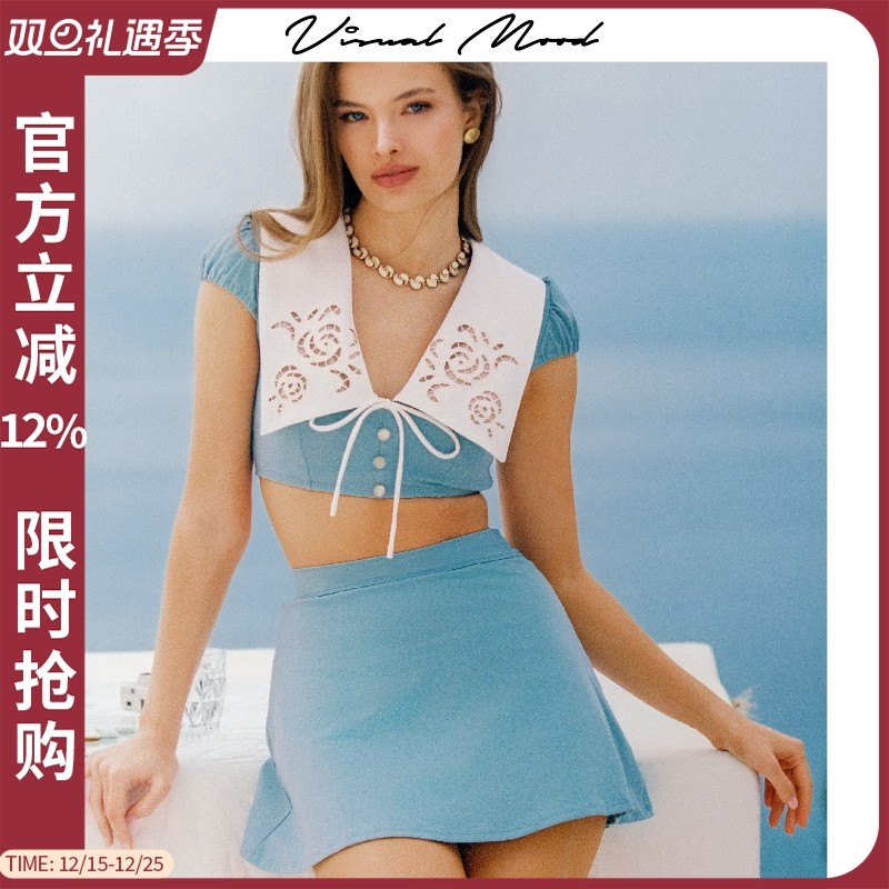 visualmood法式刺绣分体泳衣女