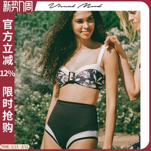 显瘦高腰比基尼 黑白印花2025新款 visual mood复古分体泳衣女法式