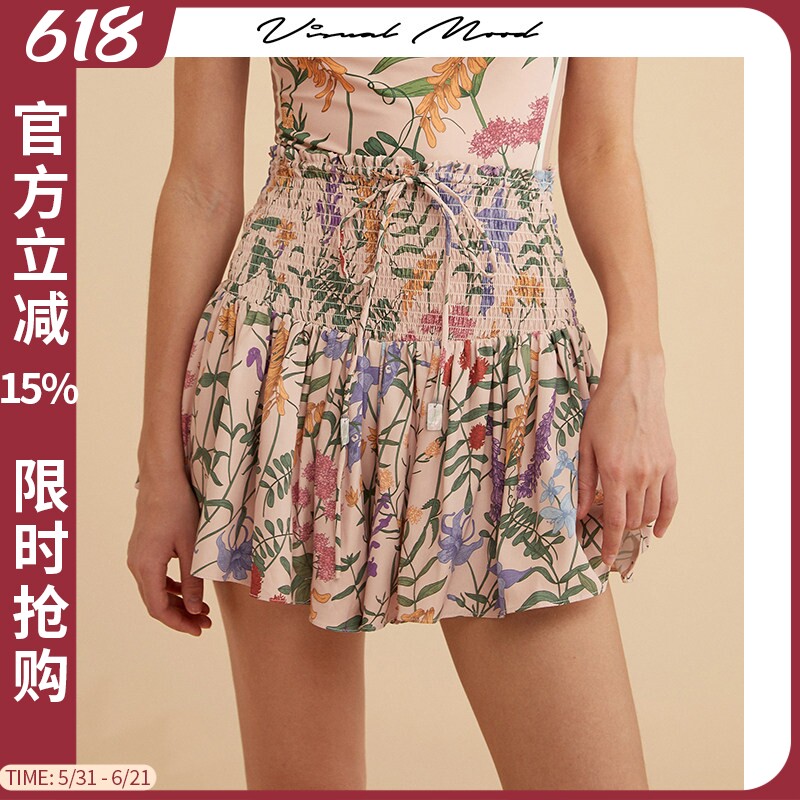visual mood新款泳衣女法式高端复古修身显瘦褶皱粉高腰半身裙裤