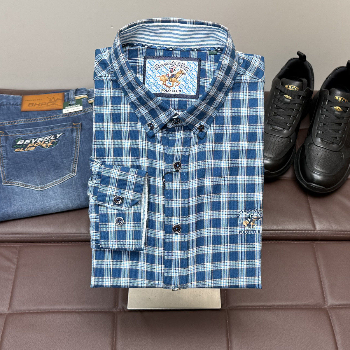 比华利保罗男士蓝色格子衬衫长袖商务休闲刺绣翻领纯棉衬衣