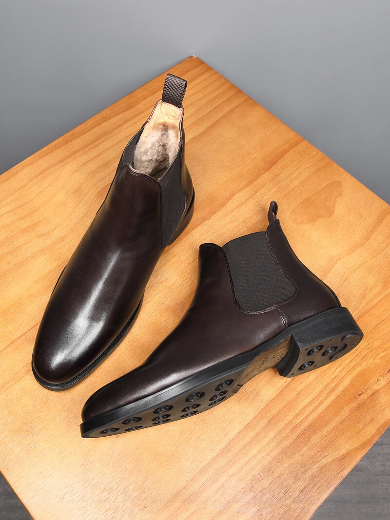 WINTER SHEEPSKIN FUR ONE-PIECE CHELSEA BOOTS MENS ENGLISH VELVET PADDED MARTIN BOOTS HIGH TOP WARM SNOW BOOTS SHORT BOOTS