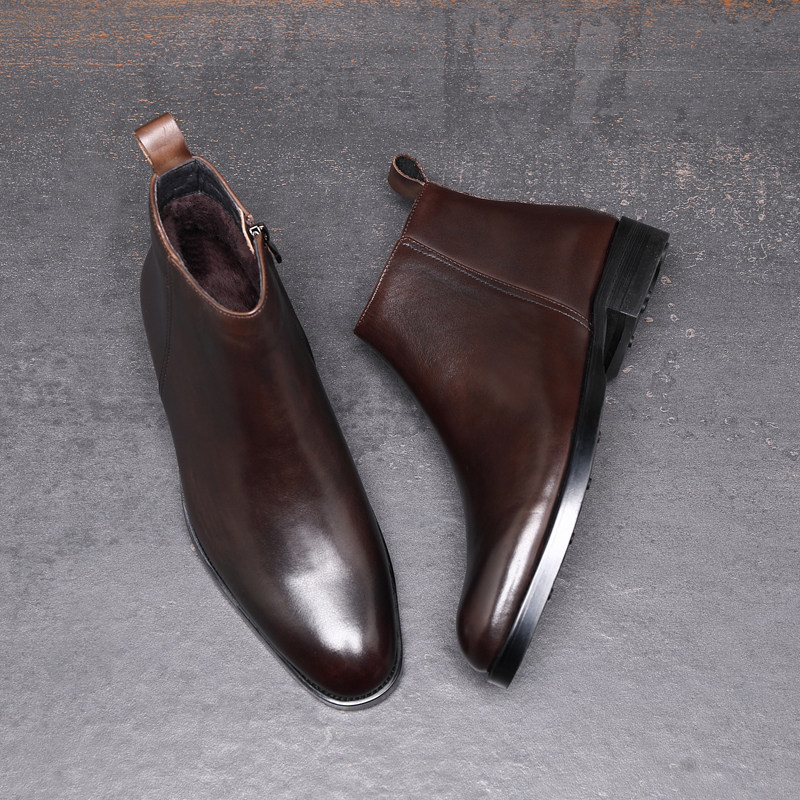 WINTER SHEEPSKIN FUR INTEGRATED MARTIN BOOTS MENS HIGH-TOP COTTON SHOES BRITISH FLEECE CHELSEA BOOTS MENS ZIPPER THERMAL LEATHER BOOTS