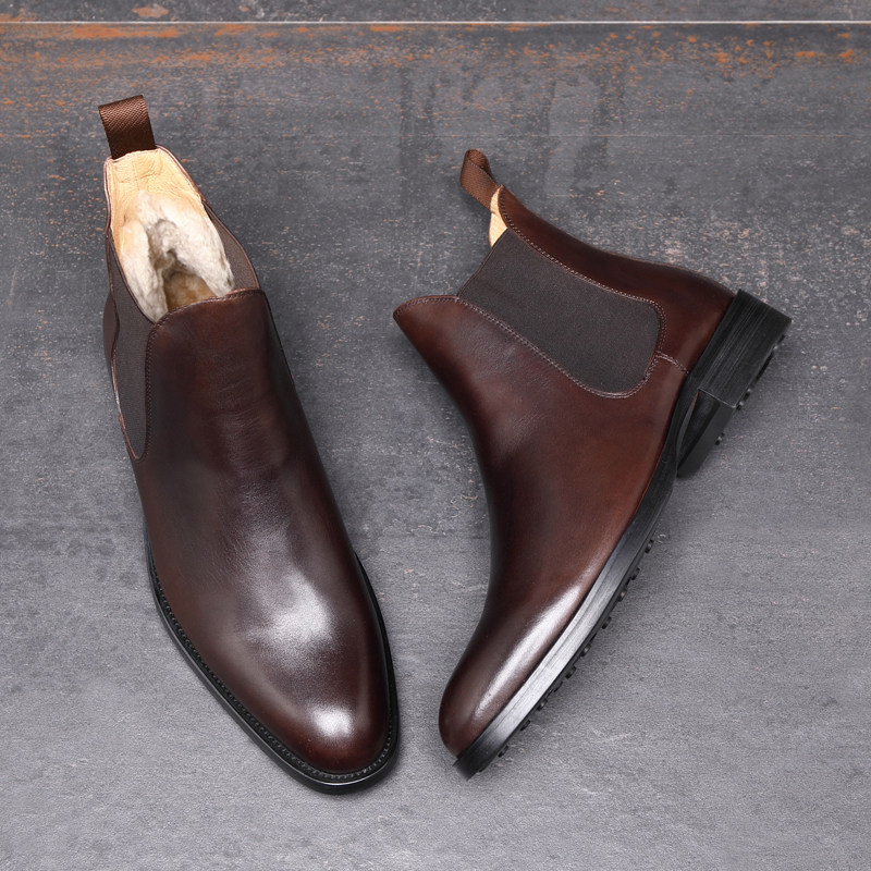 WINTER SHEEPSKIN FUR INTEGRATED FLEECE COTTON SHOES MENS HIGH-TOP BRITISH LEATHER CHELSEA BOOTS WARM AND THICKENED SNOW BOOTS