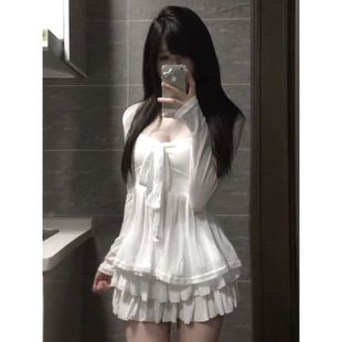 早秋白色长袖针织开衫蝴蝶结绑带抹胸背心高腰蛋糕短裙女绝美套装