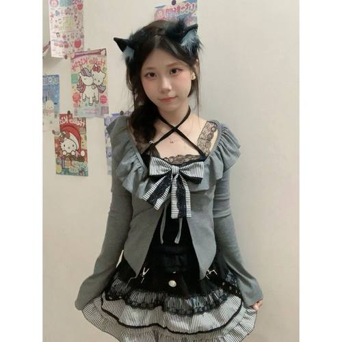 甜辣蝴蝶结蕾丝拼接吊带背心女秋季木耳边系带防晒开衫蛋糕裙套装