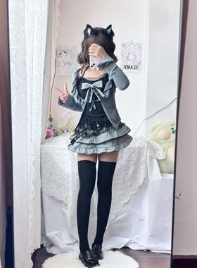 【轻哥特】暮色歌集初秋套装黑色蕾丝吊带+灰色针织开衫+短款半裙