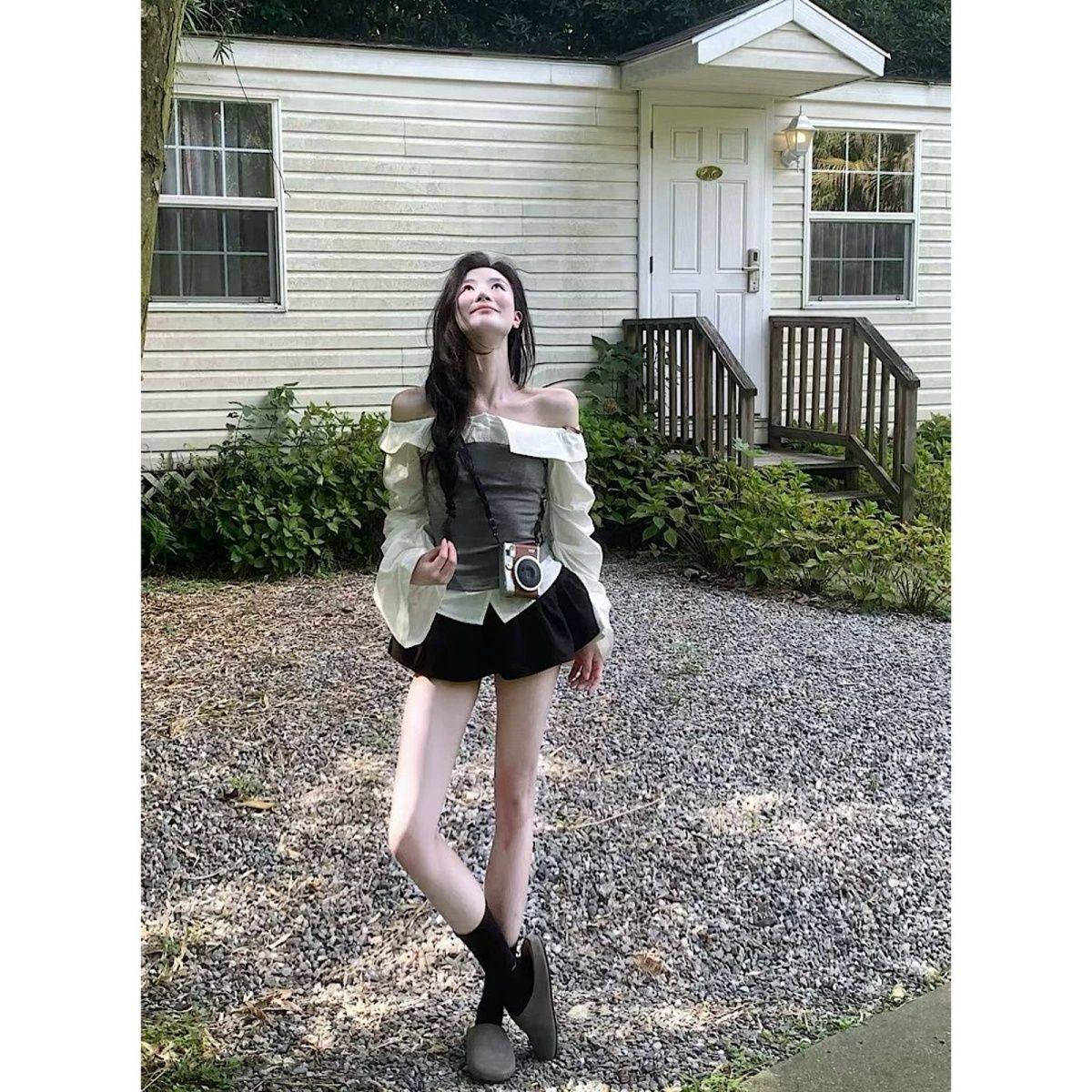 气质荷叶边超短裤裙+拼接一字肩长袖衬衫女秋季绑带收腰上衣套装