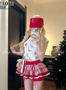 辣妹风纯欲红色波点蝴蝶结印花上衣女夏季拼接格子超短裙热裤套装