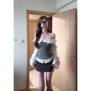 修身 假两件长袖 一字肩收腰绑带短款 女秋季 拼接撞色设计感上衣 衬衫