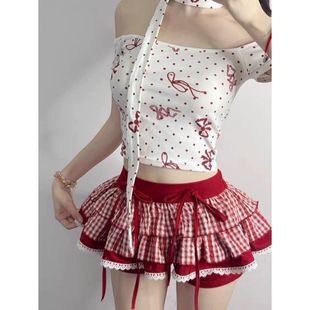 上衣穿搭蕾丝花边裙裤 白色碎花短袖 子两件套 女夏季 纯欲甜辣妹套装