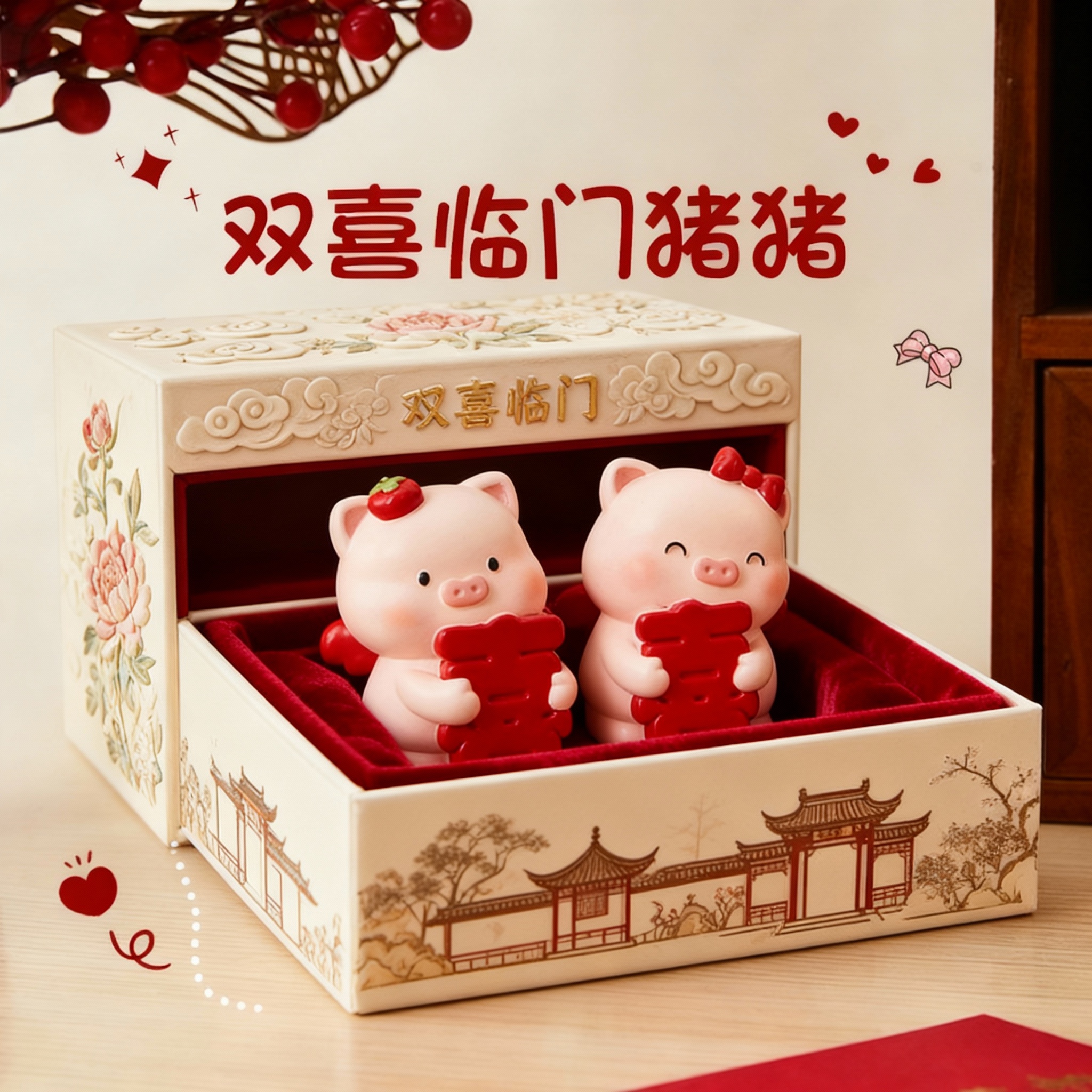 中式国风小猪树脂摆件礼盒粉色