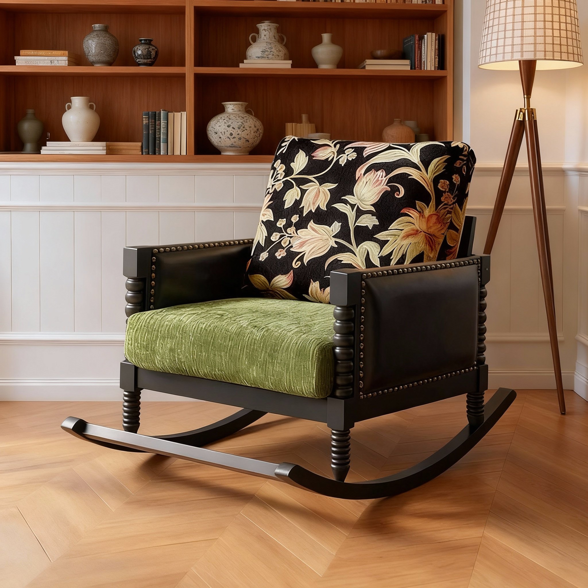 轻法式复古实木摇椅单人沙发椅客厅阳台植物花卉可旋转田园风