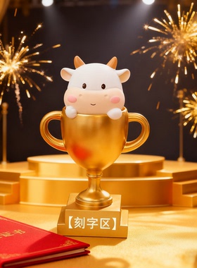 卡通奶牛树脂奖杯桌面摆件礼盒