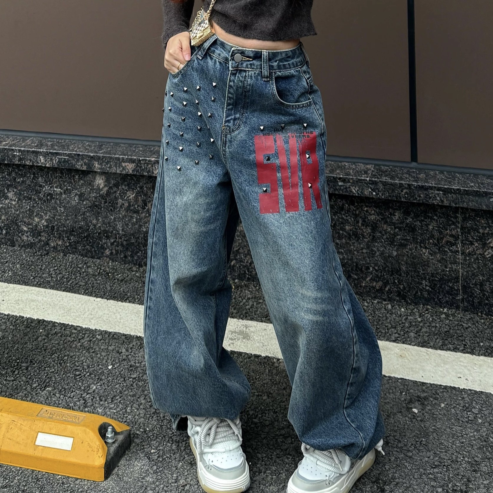 复古铆钉印花水洗牛仔裤2026春季新款宽松百搭显瘦休闲阔腿长裤子,女装/女士精品,牛仔裤,淘宝优惠券,粉丝福利购,淘宝优惠卷