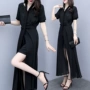 2019 phụ nữ mới mùa hè V-cổ eo thon dài váy đen thời trang giản dị đầm voan nước ngoài - váy đầm chân váy dài hàn quốc