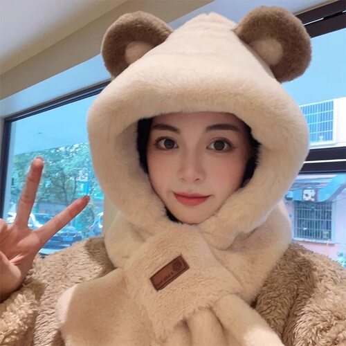 冬天保暖围巾一体连帽小熊帽子女骑车防寒护耳可爱毛绒围脖套头帽