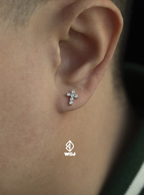 WBJ定制珠宝镶嵌十字耳钉S925银纯银镀金银耳环cross ear stud