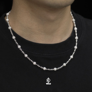 wbj定制珠宝6mm满镶嵌圆珠项链纯银镀金S925银镀金饰品
