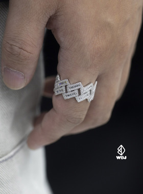wbj定制珠宝方形T方拼镶戒指 s925 银镀金饰品首饰 cuba ring