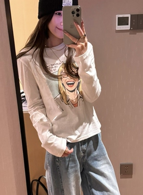 恩灿 M现货！爆款漫画大笑女汉麻棉正肩长袖T 慵懒随性显瘦上衣