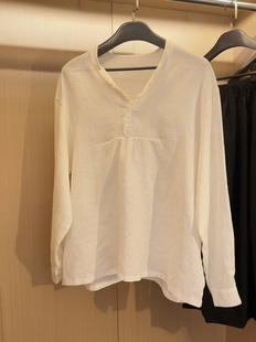 100%亚麻 恩灿 木耳边v领亚麻衬衫 新款 宽松显瘦上衣 2026春季