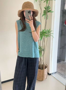 恩灿 26 新款无肩袖肌理感亚麻针织衫背心女宽松显瘦上衣 现货