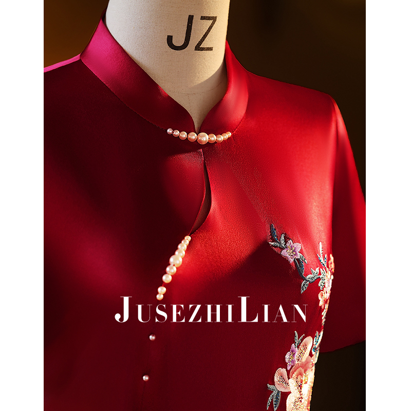 喜婆婆礼服高端连衣裙新款醋酸旗袍新中式年轻妈妈婚宴装红色喜服