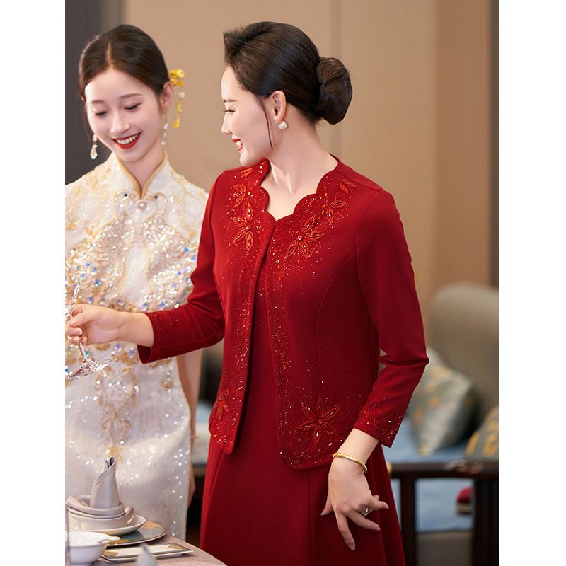 喜婆婆婚宴装冬季结婚礼服妈妈旗袍婚礼高贵两件套连衣裙平时可穿