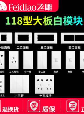 飞雕YR开关插座118型大板白优雅白无边框五孔白色拉丝家用大面板