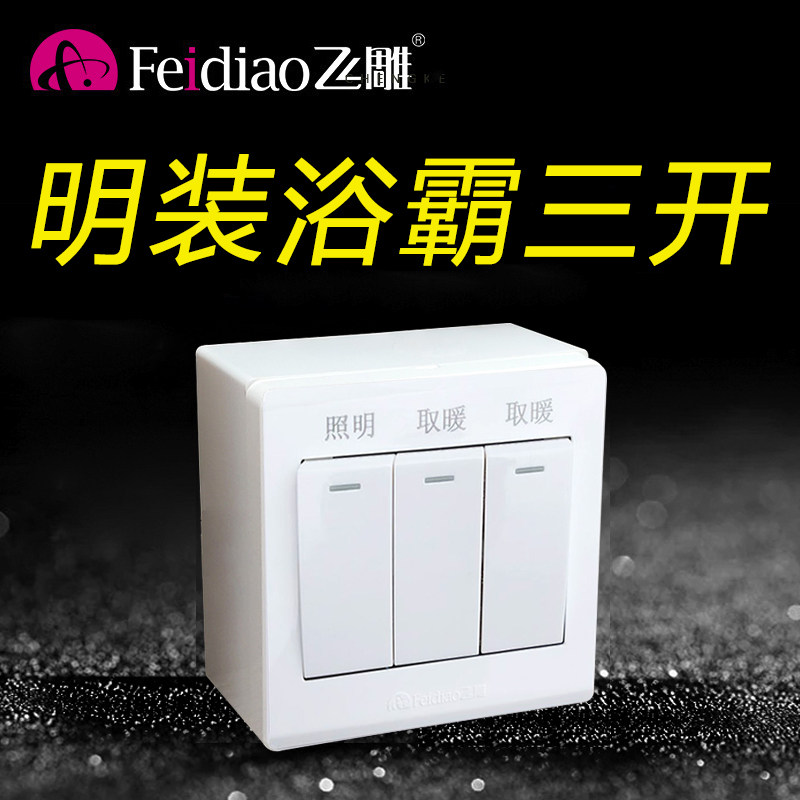 飞雕明装浴霸三开开关卫生间浴室开关通用单控三控面板86型原装