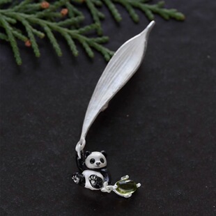 帆语 礼物 设计师原创竹叶熊猫胸针925银烧白工艺手工冷珐琅新中式