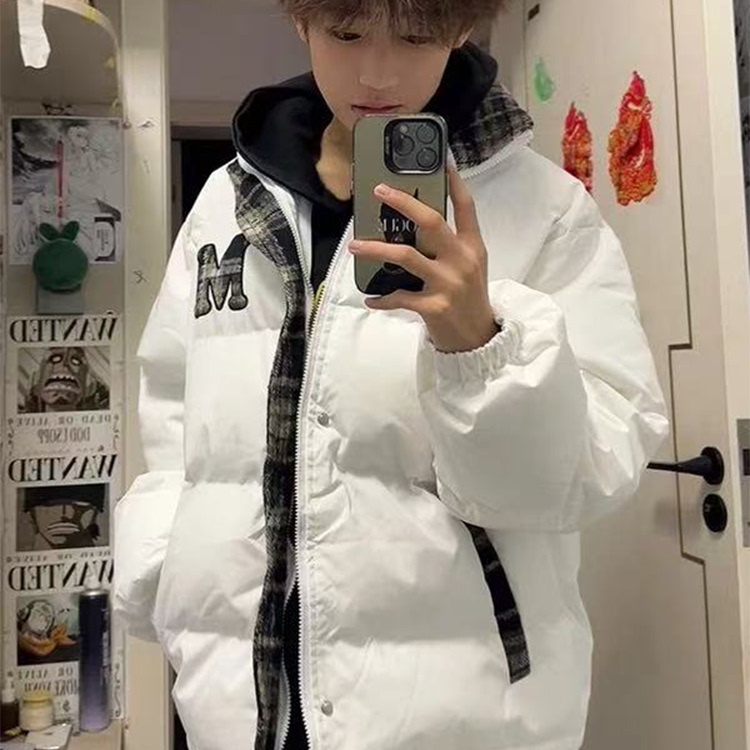 拼接格子刺绣宽松羽绒服加厚保暖